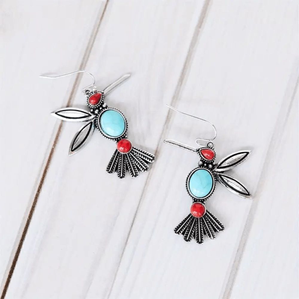 Hummingbird Red Blue Turquoise Dangle Earrings - Picture 4 of 5